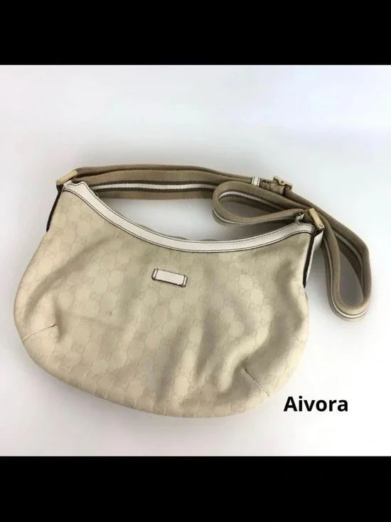 Gucci Beige Monogram Shoulder Bag with Striped Canvas Strap