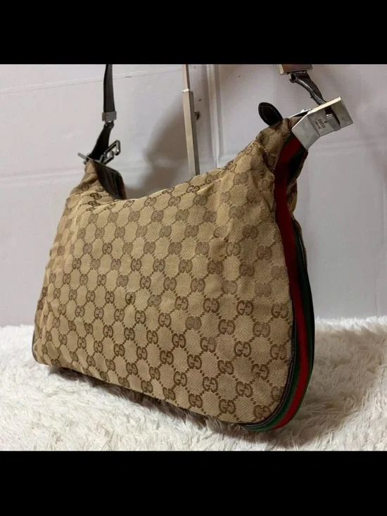 Gucci Beige GG Canvas Hobo Bag with Green-Red Trim