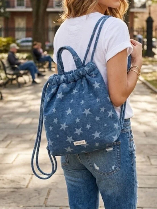 Wildfox Blue Star-Printed Denim Drawstring Summer Bag/Backpack. 15