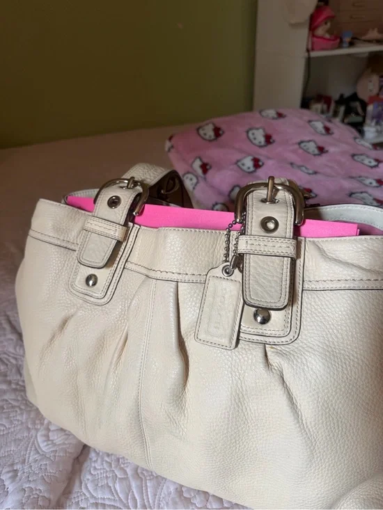 Cream Leather Tote Bag with Pink Interior