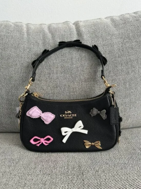 NWT COACH CDY93 Teri Shoulder Bag With Bows And Charms Pebble Leather Black