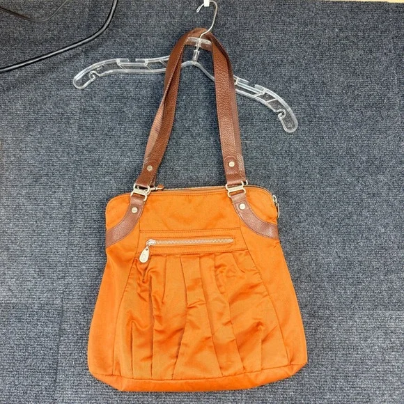 Baggallini Y2K Burnt Orange Nylon Hobo Bag Brown Leather Trim Pleated ManyPocket