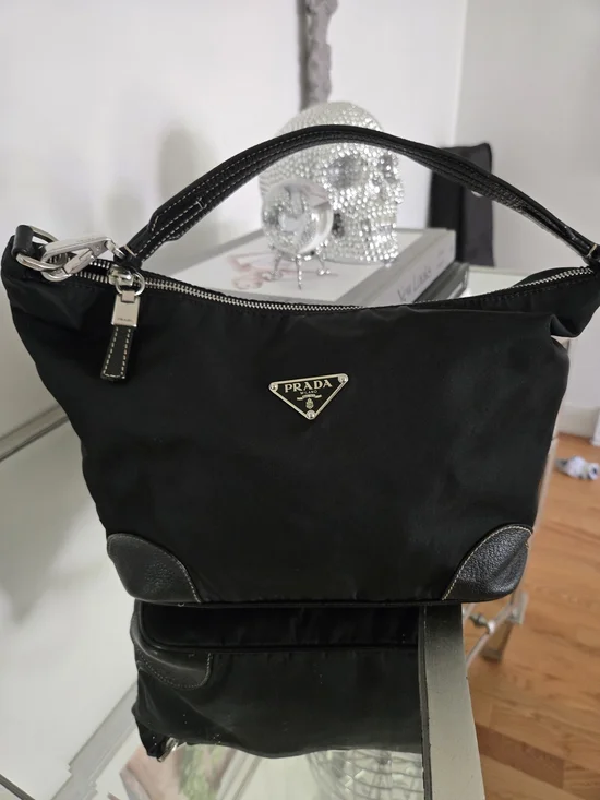 Prada Black Nylon Shoulder Bag with Leather Trim