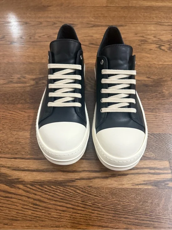 Men's Black and White Rick Owens Ramones Leather Low-Top Sneakers