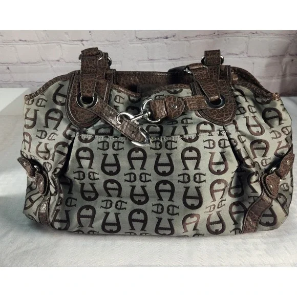 Etienne Aigner Handbag Shoulder Purse Blue gray  Color with Brown Croc Trim