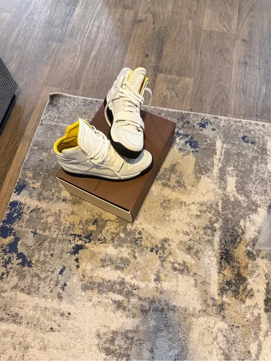 Louis Vuitton White High-Top Sneakers with Yellow Interior