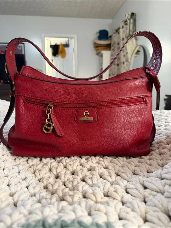 Etienne Aigner Red Pebbled Leather Shoulder Bag with Gold Hardware