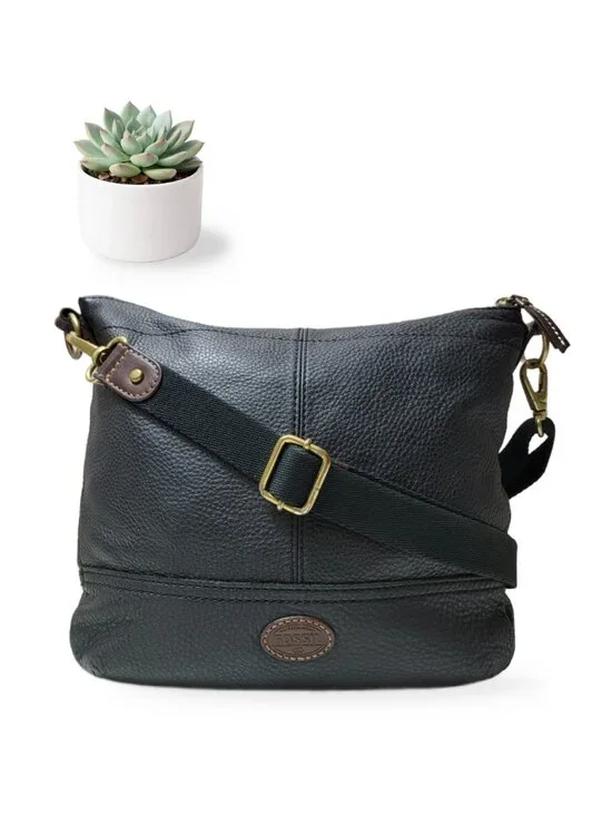 Black Fossil Shoulder Bag Pebbled Leather Hobo Crossbody Brass Zip Purse SHB1047