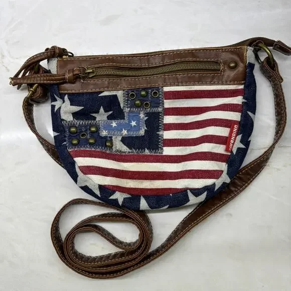 Unionbay American Flag Shoulder Bag Red White Blue Brown Leather Stars 8x6