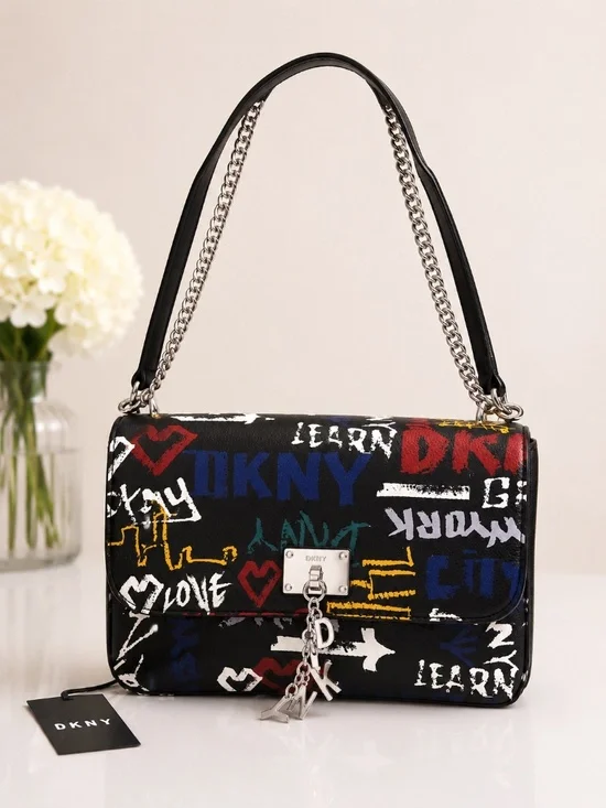 DKNY Cleo Medium Graffiti Crossbody Shoulder Bag Black Multi Logo Chain NWT $230