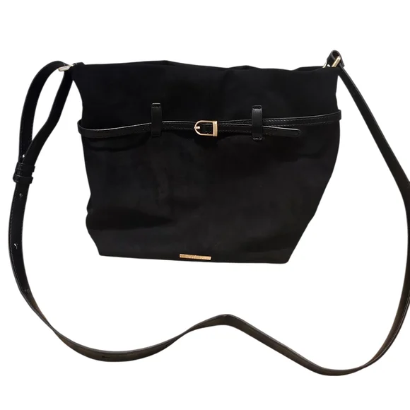 House of Harlow 1960 Black Vegan Suede Shoulder Bag with Gold Accents