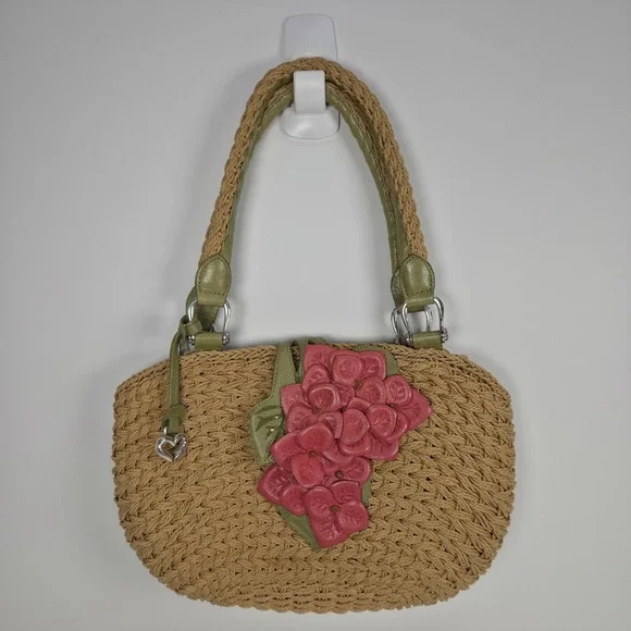 Brighton Shoulder Bag Tan Wicker Pink Leather Flower Accent Top Carry Handles
