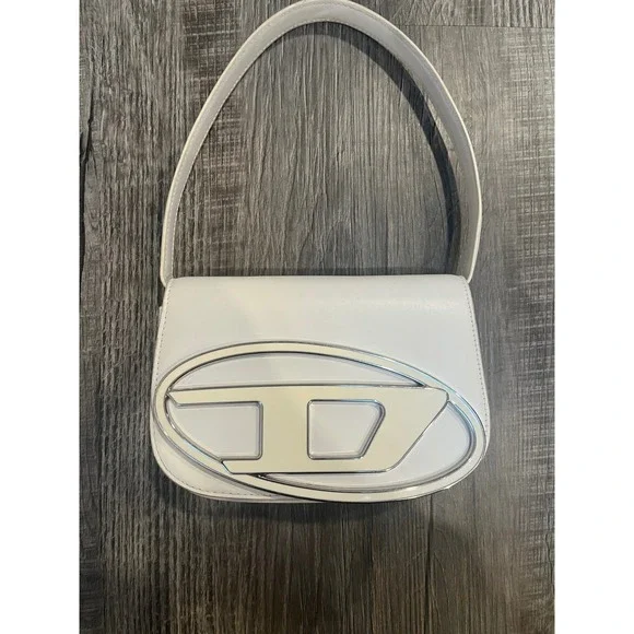 Autentic Diesel 1DR White Leather Shoulder Bag Oval D Logo Flap Handbag
