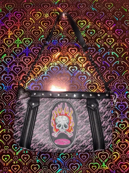 Ed Hardy Pink and Black Flame Skull Shoulder Bag
