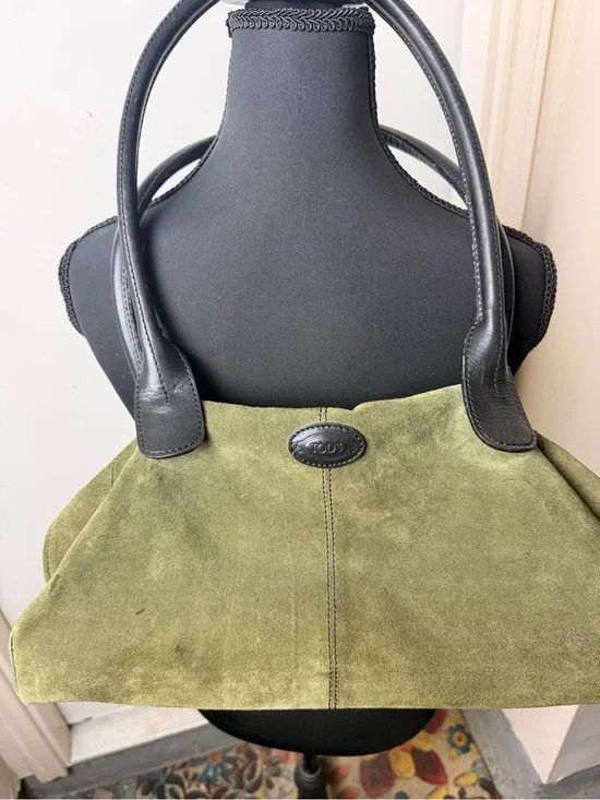 TOD’S Olive Green Suede Tote with Black Leather Handles