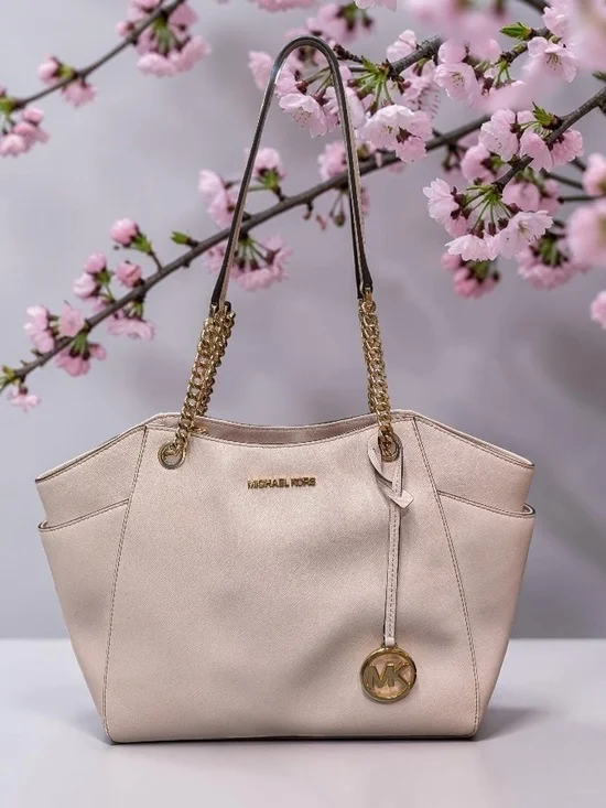 Michael Kors Pale Pink Saffiano Leather Shoulder Tote with Gold Hardware