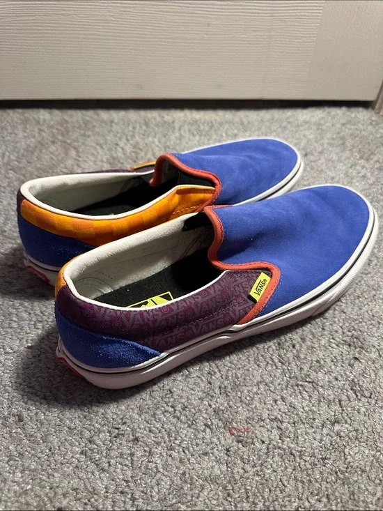 Vans Slip-On Blue Suede with Orange Trim and Multicolor Heel