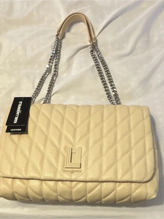 Karl Lagerfeld Cream Quilted Leather Shoulder Bag with Silver Chain
