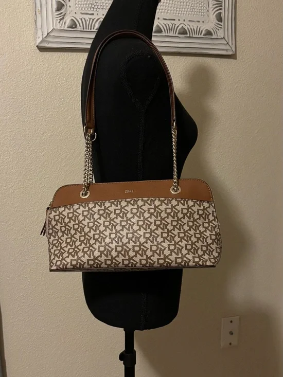 DKNY Brown Tan Monogram Chain-Handle Shoulder Bag