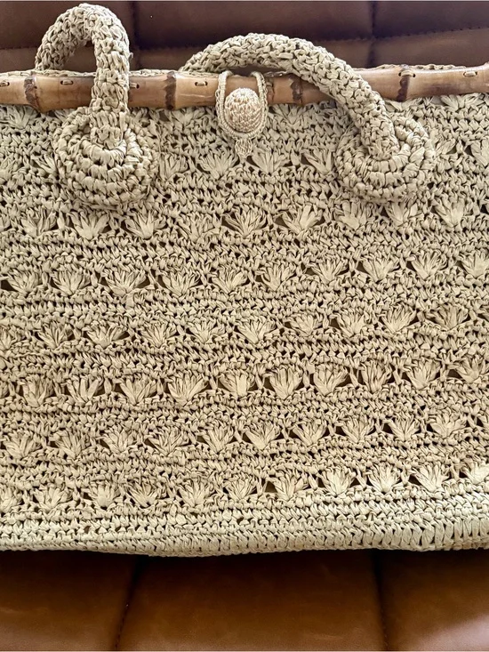 Handcrafted Cream Crochet Shoulder Bag with Bamboo Handle