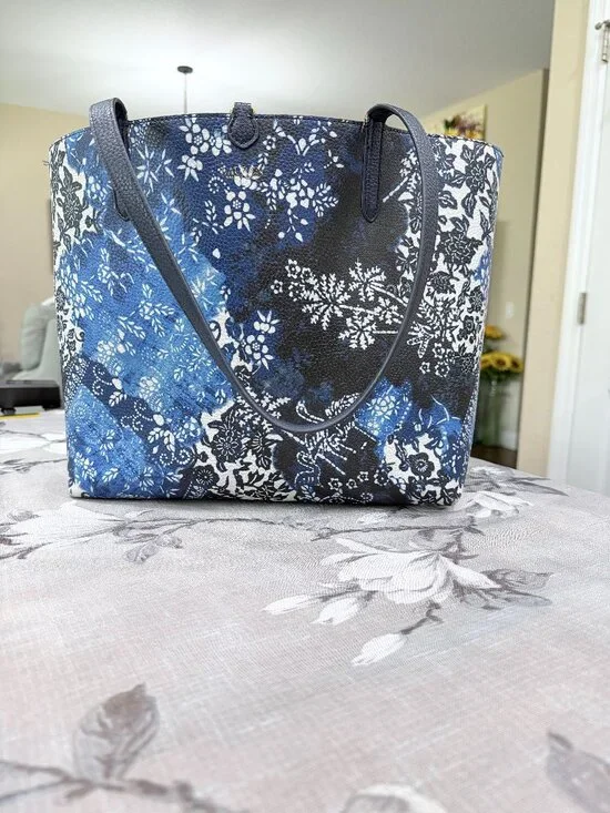 Lauren Ralph Lauren Blue Floral Tote Bag Large Shoulder Purse w/ Removable Pouch