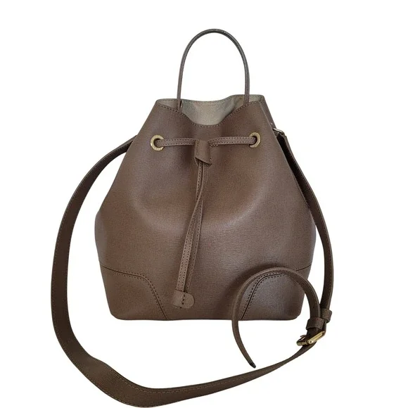 Furla Stacy Saffiano Leather Bucket Bag Taupe Brown Drawstring Crossbody