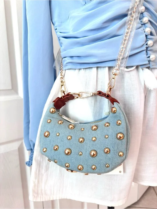 LE MIEL ~ Light Wash Denim Gold Studded Mini Bag w/Crossbody Chain Vegan PU