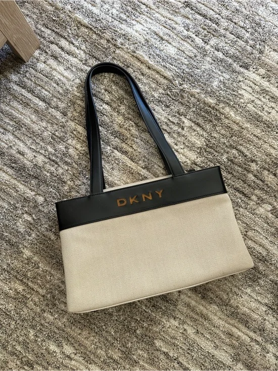 DKNY Black & Cream Canvas Tote Bag 12,5x7,5 in