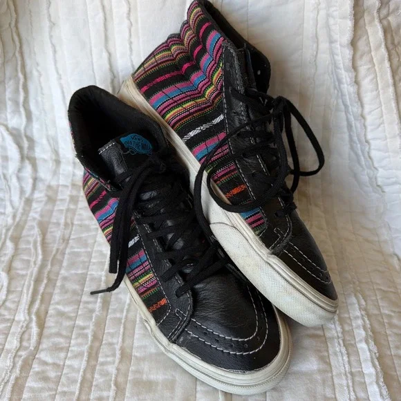Vans Sk8 Sneaker Black Multi Color Woven Leather High Top Unisex Men 5 Women 6.5