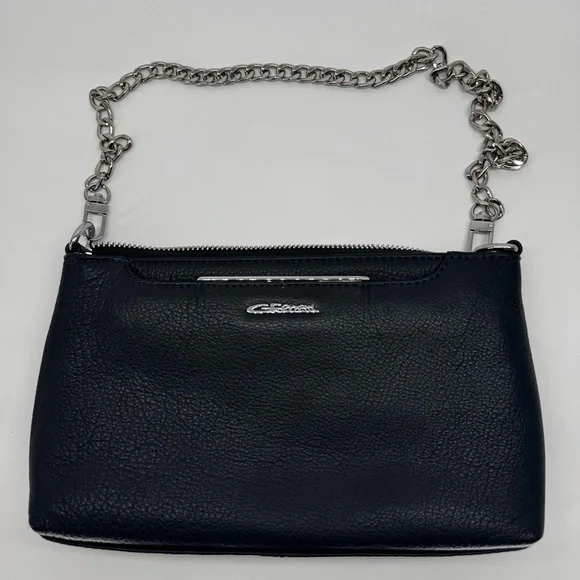 Giorgio Ferretti Black Leather Crossbody Bag Silver Chain Strap Pebbled Finish