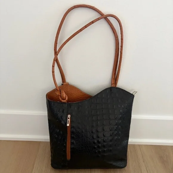 Moda In Pelle Gaia Croc Embossed Leather Convertible Backpack Shoulder Bag