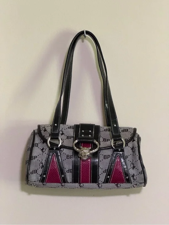 Baby Phat Gray and Black Shoulder Bag with Metallic Feline Clasp