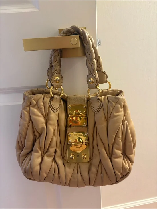 Miu Miu Matelassé Women’s Quilted Braided Handle Shoulder Bag in Taupe