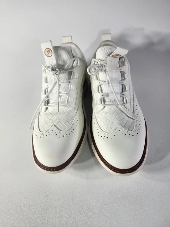 White Men’s Woven Leather Sneakers with Brown Trim
