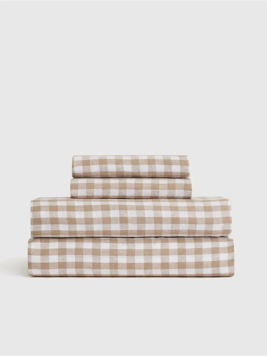 Quince European Linen Sheet Set Cal King Cafe Gingham NWT