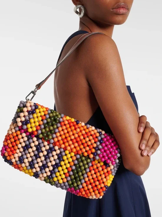 STAUD Timmy Multicolor Beaded Shoulder Bag in Orange, Pink, Yellow, Green, Navy