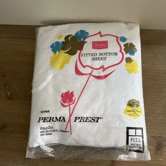 VTG Sears Fitted Full Bottom Sheet No-iron Prema Prest Muslin New Old Stock