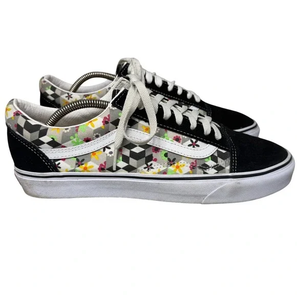 Vans Old Skool 3D Checkerboard‎ Floral Black Suede Skate Shoes Men 11 Women 12.5