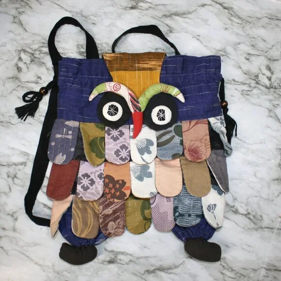 ARTISAN Backpack Owl Denim Purse Hobo Boho Blue Jean Fabric Handmade Bag