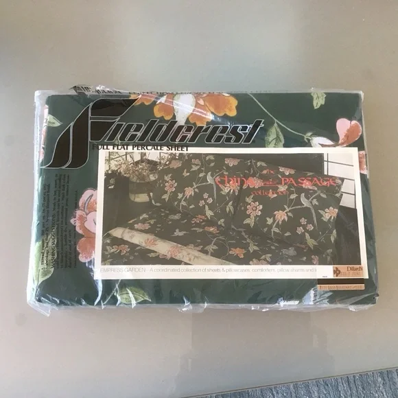 VTG Fieldcrest Full Flat Percale Sheet China Passage Empress Garden Green Floral