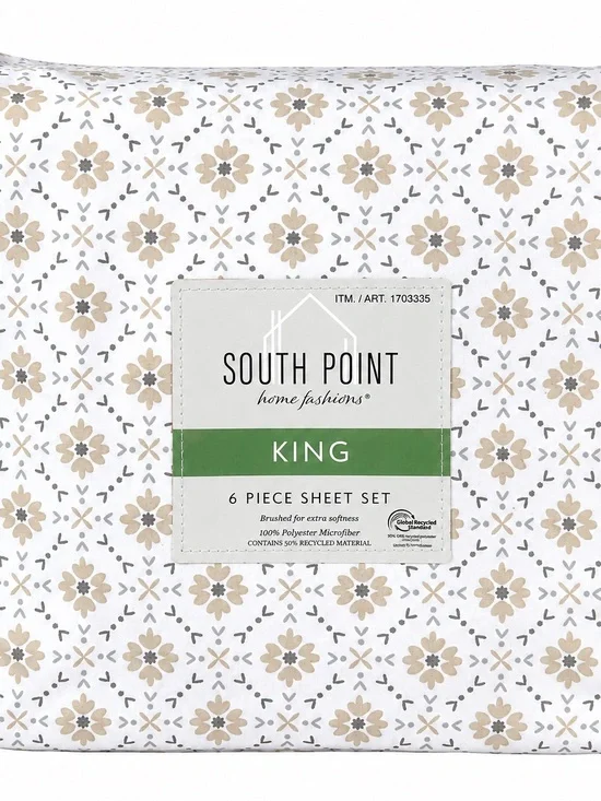 NWT South Point King 6-Piece Beige Floral Sheet Set