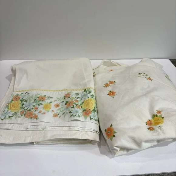 Vtg Springmaid Combed Percale Sheet Set Twin Flat Fitted Yellow Orange Flowers