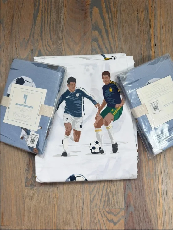 Pottery Barn Kids Vintage Soccer Queen Flat Sheet and 2 Shams
