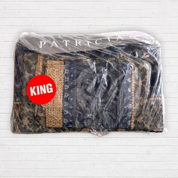 Vintage Patrician King Sheet Set 100% Cotton Navy Gold Jacquard Pattern NWT