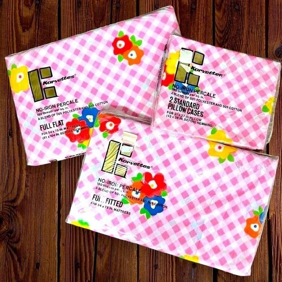New KORVETTES Vintage Pink Gingham Floral Twin Fitted Flat Pillowcases Sheet Set