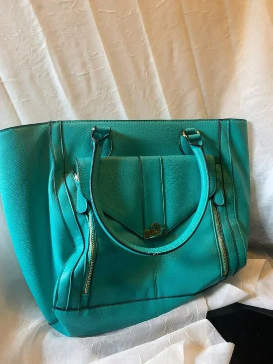 Turquoise Large Tote Shoulder Bag | Faux Leather Work Purse with Front Pocket