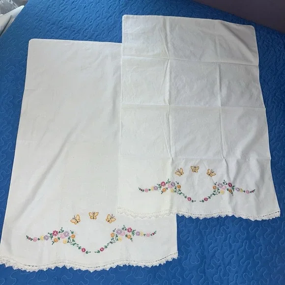 Butterfly And Flower Embroidered Two Standard Queen Pillowcases White