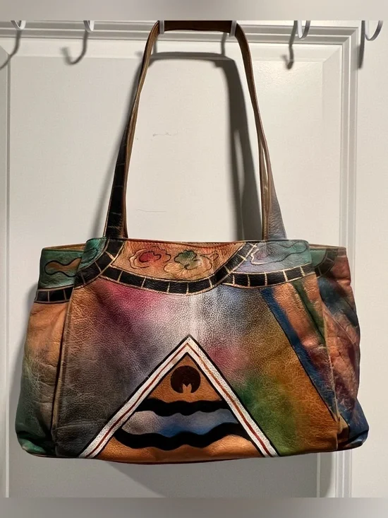 Anuschka  Hand-Painted Leather Shoulder Bag with Pyramid Design