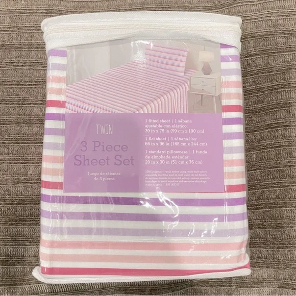 NEW‎ Twin 3 Piece Sheet Set Purple Pink White Striped Bedding