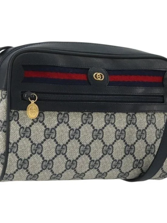 GUCCI GG Supreme Sherry Line Shoulder Bag PVC Navy Gold Red Auth YKZ858